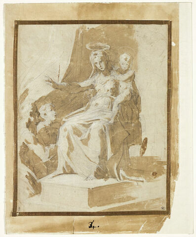 La Vierge à l'Enfant bénissant deux hommes agenouillés, esquisse d'une troisième figure à droite