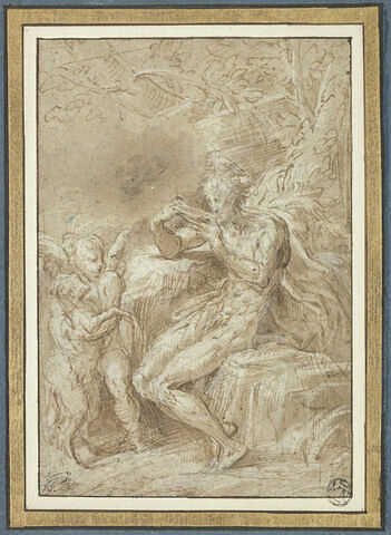Saint Jean-Baptiste assis dans le désert, tourné vers la gauche devant un ange tenant l'agneau