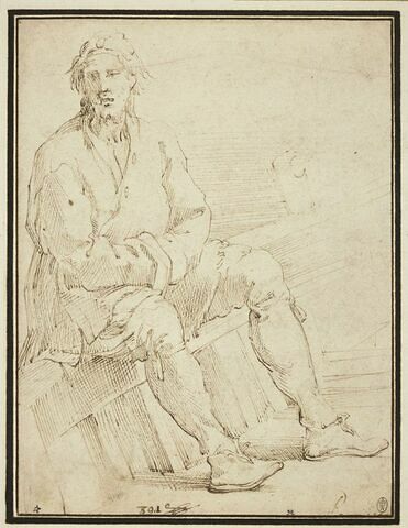 Homme assis, les bras croisés, sur le bord d'une barque, image 1/2