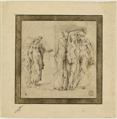 Une femme debout, avançant le bras gauche et deux femmes nues avec un satyre