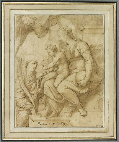 Saint Etienne agenouillé devant l'Enfant assis sur les genoux de la Vierge, image 1/3