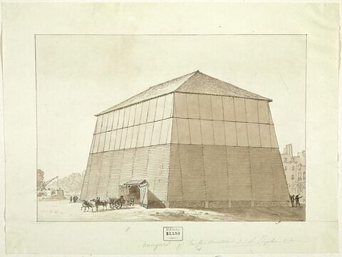 Vue du hangar de construction de l'éléphant de la fontaine de la Bastille