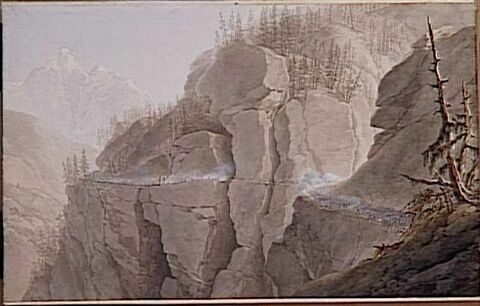 Vue du défilé fortifié de la Cluse dans la vallée d'Aoste le 16 mai 1800, image 1/1