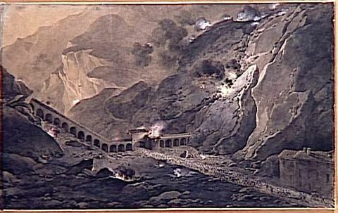 Passage de l'artillerie française, de nuit, sous le fort de Bard occupé par les Autrichiens le 21 mai 1800