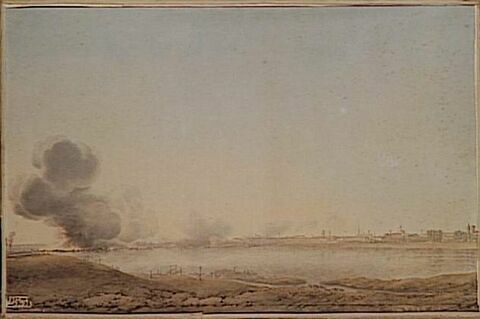 Vue de Verceil le pont établi devant cette ville ayant été brûlé l'avant garde de l'armée française passe la Sesi au gué et occupe la ville, 25 mai 1800