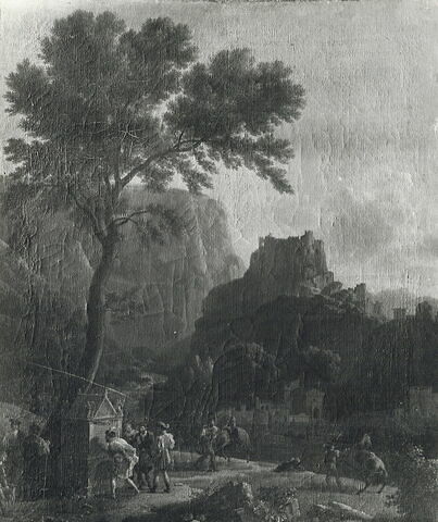 Vue de la Fontaine de Vaucluse. François 1er écrit sur le tombeau de Laure des vers qu'il composa pour elle