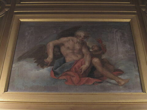Jupiter assis dans un nuage, derrière lui une aigle. A sa gauche, un amour tenant un flambeau.
