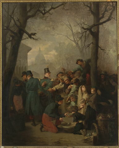 Soldats distribuant du pain aux indigents ; 14ème de ligne, camp des Invalides, 1849