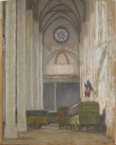 Vue intérieure de l'église des Jacobins de Toulouse en 1916, avec les voitures contenant les tableaux évacués du Louvre, image 2/2