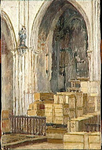 Vue intérieure de l'église des Jacobins de Toulouse en 1918, avec les caisses de tableaux évacués du Louvre, image 3/3