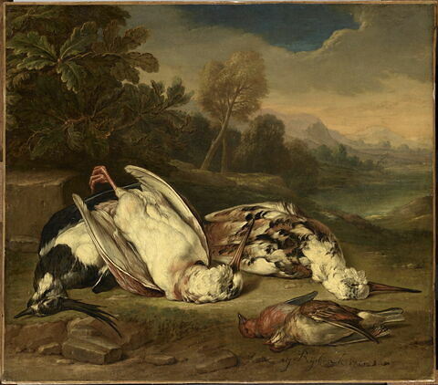 Gibier mort dans un paysage: deux bécasses blanches et trois autres oiseaux