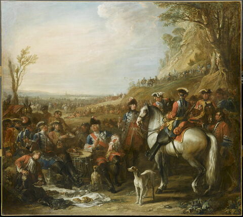 Halte de grenadiers à cheval de la Maison du Roi. Assis au centre, M. de Creil, leur commandant; au fond, la tranchée de Philippsbourg (juin 1734)