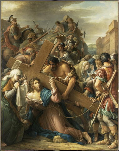 Jésus Christ conduit au calvaire tombé sous le poids de la croix