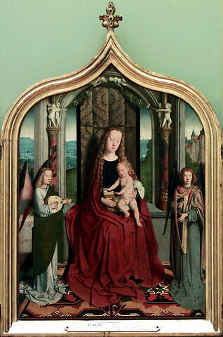 Triptyque de la famille Sedano : centre : La Vierge et l'Enfant trônant en reine du ciel, entre deux anges musiciens, image 8/10