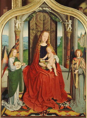 Triptyque de la famille Sedano : centre : La Vierge et l'Enfant trônant en reine du ciel, entre deux anges musiciens, image 10/10