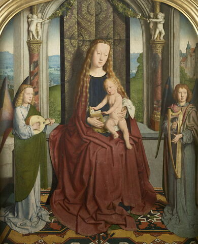 Triptyque de la famille Sedano : centre : La Vierge et l'Enfant trônant en reine du ciel, entre deux anges musiciens, image 4/10
