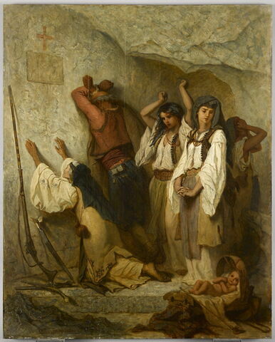 Une famille monténégrine pleurant ses morts après un combat, à l'entrée du monastère de Cettigne