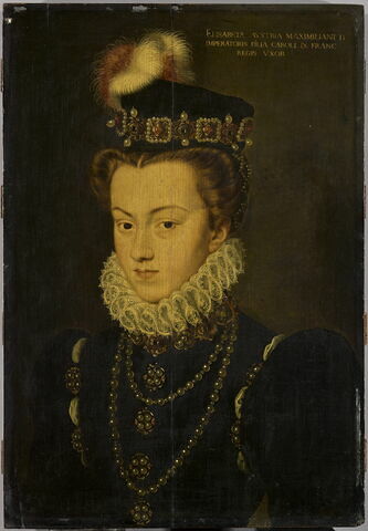 Élisabeth d'Autriche (1554-1592), reine de France, femme de Charles IX., en buste avec toque à plumes., image 1/4