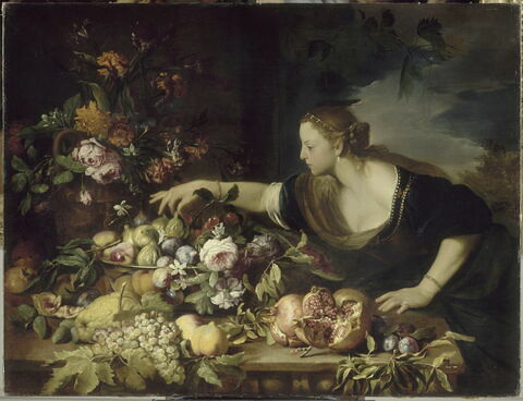 Femme prenant un fruit dans une coupe de fleurs et de fruits, image 4/4
