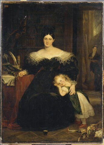 Madame Belloc et sa fille, Mme Jean-Hilaire Belloc, née Louise Swanton (1796-1881), écrivain et traductrice, femme de l'artiste, et sa fille cadette Adélaïde, dite Lily; au fond, le peintre., image 3/3