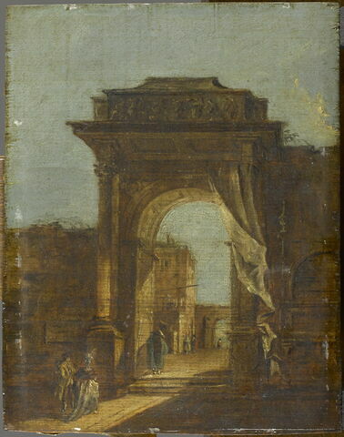 Porte monumentale à l'entrée d'une ville, avec figures