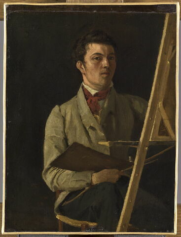 Portrait de l'artiste, assis près d'un chevalet.