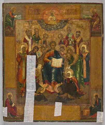 Le Christ trônant, entouré de deux anges et de saints ; aux
angles, les quatre évangélistes et,dans la partie supérieure, Dieu le père bénissant