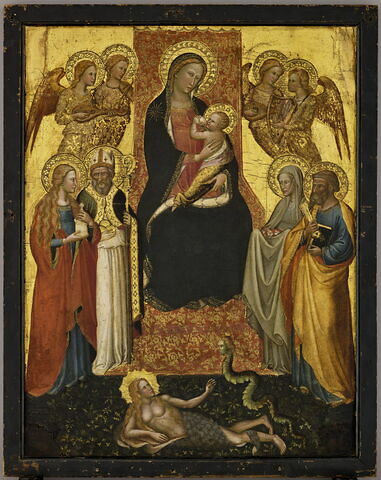 La Vierge et l'Enfant entourés de quatre anges et quatre saints (à gauche, sainte Marie-Madeleine et saint Nicolas de Bari, à droite sainte Élisabeth de Hongrie et saint Pierre) ; au premier plan, Ève couchée avec le serpent.
