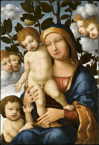La Vierge à l'Enfant avec le petit saint Jean Baptiste et cinq chérubins dans les nuées