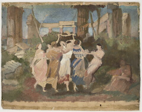 Femmes vêtues à l'antique dansant. Au verso : saint Martin à cheval partageant son manteau