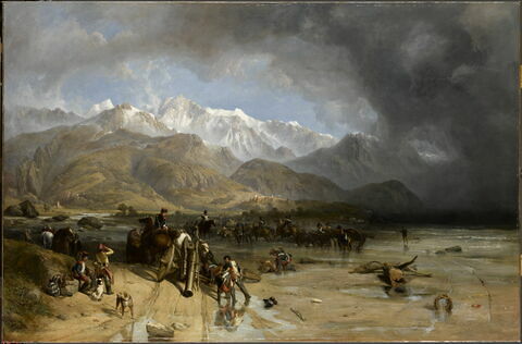 Les Troupes françaises franchissant la Margra. Sarzana et les montagnes de Carrare dans le lointain, en 1796