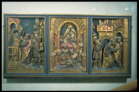 Scènes de la vie de sainte Anne : Joachim chasse du Temple ; La Naissance de la Vierge ; La rencontre d'Anne et de Joachim à la Porte dorée