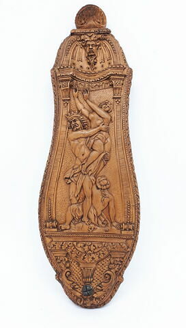 Râpe à tabac en bois sculpté : enlèvement de Proserpine, Persée délivrant Andromède