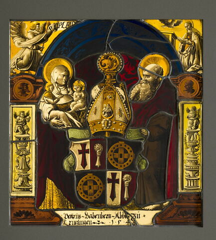 Panneau rectangulaire aux armes de Pierre Babenberg, abbé de Kreuzlingen (Constance) de 1498 à 1545 : Sainte Anne portant la Vierge et l'Enfant Jésus et saint Joachim