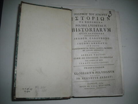 Ouvrage en latin et en grec sur deux colonnes : Polibius, tome I, Casauboni édité en 1764 ayant appartenu au duc de Reichstadt