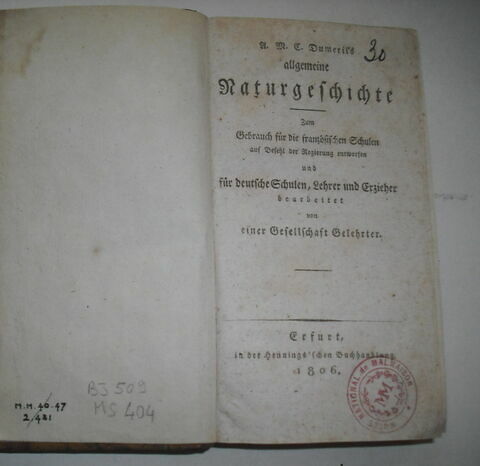 Livre d'études en langue allemande ayant appartenu au duc de Reichstadt : Allgemeine Naturgeschichte..., Erfurt, 1806.