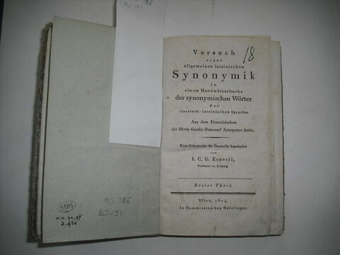 Livre d'études en langue allemande ayant appartenu au duc de Reichstadt : Versuch einer allgemeinen lateinischen Synonymik..., I, Vienne, 1814.