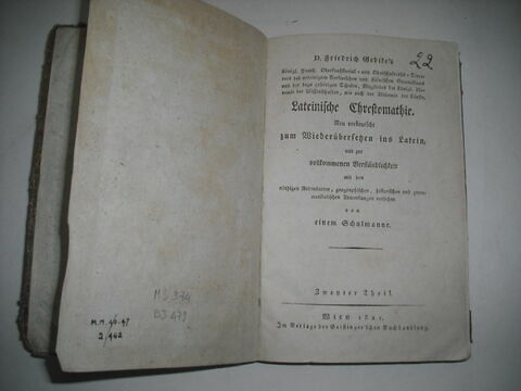 Livre d'études en langue allemande ayant appartenu au duc de Reichstadt : Lateinische Chrestomathie. Vienne, 1821., image 2/2