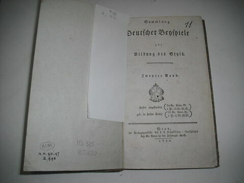 Livre d'étude en langue allemande ayant appartenu au duc de Reichstadt
 : Sammlung Deutscher Beispiele, vol. II. Vienne, 1820.