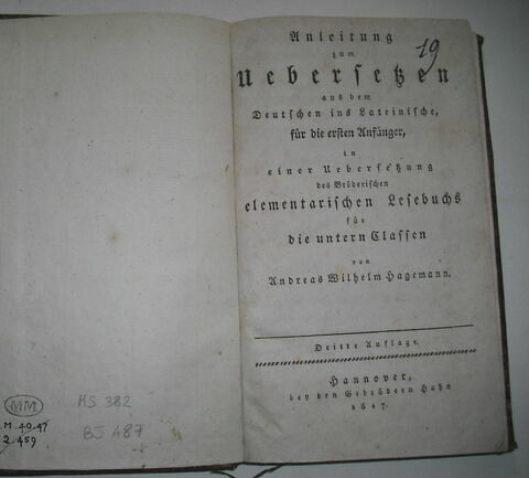 Livre détudes de langue allemande ayant appartenu au duc de Reichstadt : Einleitung zum Uebersetzen, Hanovre, 1817., image 1/1