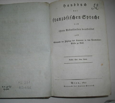 Livre d'études en langue allemande ayant appartenu au duc de Reichstadt : Handbuch der Französischen Sprache, Vienne, 1817.
