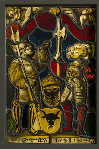 Panneau rectangulaire aux armes d'Uri et du Saint Empire représentant deux hallebardiers