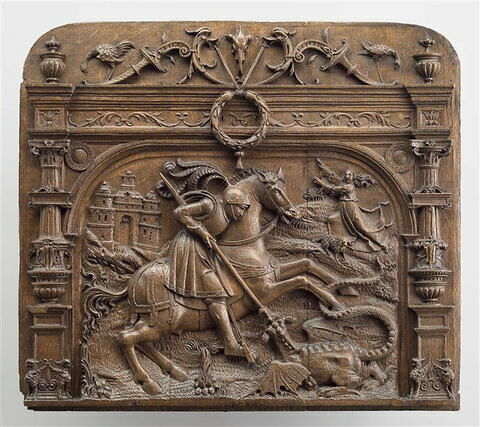 Dorsal de stalle provenant de la chapelle du château de Gaillon : saint Georges terrassant le dragon, image 1/3
