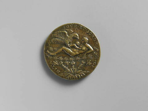 Médaille : Tommaso Rangoni / un aigle (Jupiter) apportant un enfant (Hercule) à une femme nue étendue (Junon), la création de la voie lactée, image 2/2