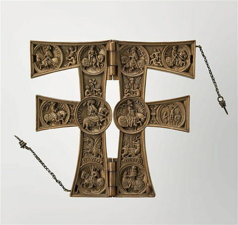 Lettre F (dite de François Ier), s'ouvrant à charnière : La Crucifixion et les neuf preux, image 1/3