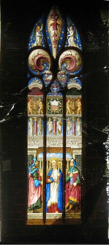 Reproduction peinte sur verre d'une verrière : Saint Philippe entre un patriarche et un apôtre