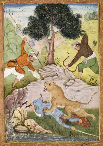 Combat de chameaux ; Chasse au lion (page d'album), image 2/6
