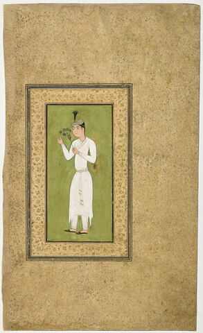 Jeune homme en blanc tenant une branche fleurie (page d'album)