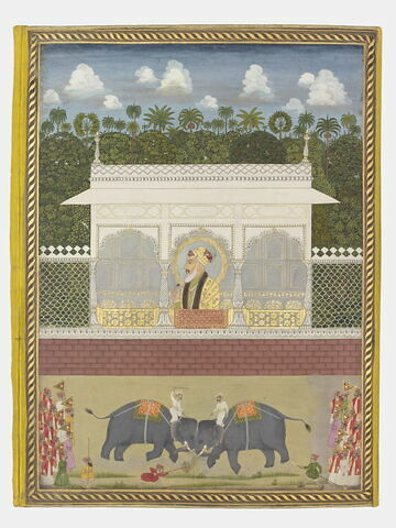 Combat de deux éléphants devant Aurangzeb (page d'album), image 1/1