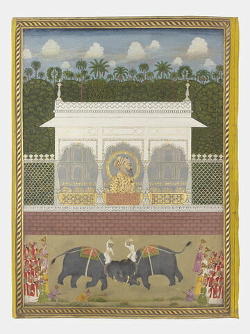 Combat de deux éléphants devant Bahadur Shah Ier (page d'album), image 1/1